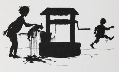 Silhouette di un ragazzo che tira fuori un gatto da un pozzo da Arthur Rackham
