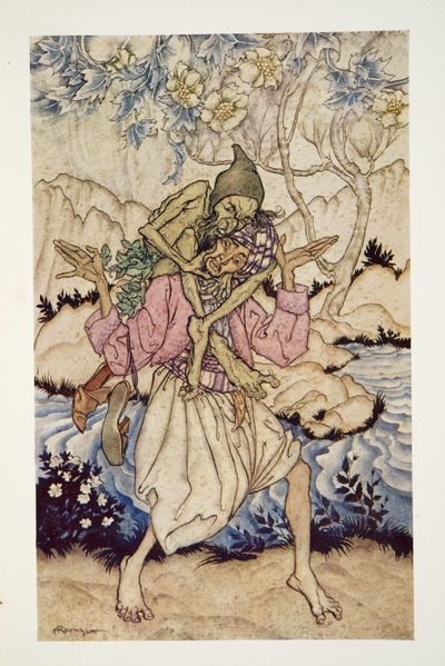 Sinbad portava il Vecchio del Mare sulle spalle, da The Arthur Rackham Fairy Book, pub. 1933 da Arthur Rackham