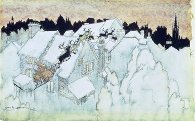 "Così fino al tetto di casa volarono i corsieri", illustrazione per "La notte prima di Natale" pub. 1931 da Arthur Rackham