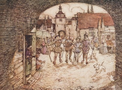 Così i quattro fratelli presero i loro bastoni in mano, salutarono il padre e uscirono dalla porta della città, da Le fiabe dei fratelli Grimm, pub. 1909 da Arthur Rackham