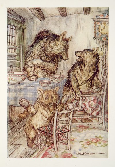 Qualcuno si è seduto sulla mia sedia e ha rotto il fondo! disse il piccolo, piccolo, piccolo orso, da The Arthur Rackham Fairy Book, pub. 1933 da Arthur Rackham