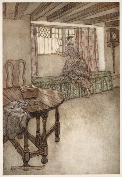 Nomi strani erano sopra le porte - facce strane alle finestre - tutto era strano., da Rip Van Winkle di Washington Irving, pub. 1910 da Arthur Rackham