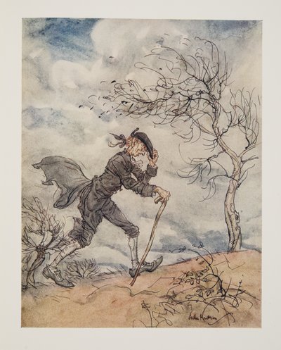 Camminando lungo il profilo di una collina in un giorno ventoso, da La leggenda di Sleepy Hollow di Washington Irving (1783 - 1859), pub. 1928 da Arthur Rackham
