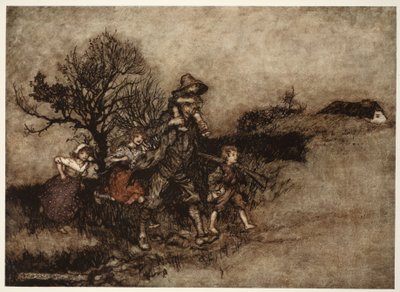 Circondato da un gruppo di bambini., da Rip Van Winkle di Washington Irving, pub. 1910 da Arthur Rackham