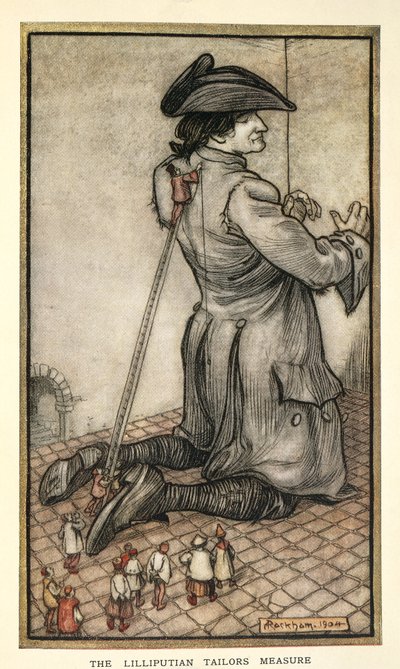 Sarti di Lilliput che misurano Gulliver, illustrazione da I viaggi di Gulliver di Jonathan Swift, di Arthur Rackham da Arthur Rackham