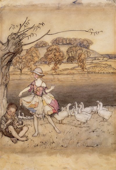 Tattercoats che balla mentre il guardiano delle oche suona, illustrazione da Fiabe inglesi, raccontate da F.A. Steel, pubblicato nel 1918 da Arthur Rackham