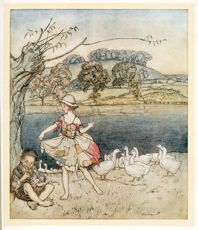Tattercoats che balla mentre il guardiano delle oche suona, da English Fairy Tales, pub. 1922 da Arthur Rackham
