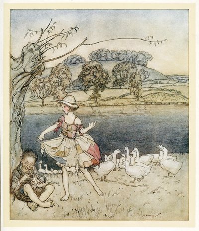 Tattercoats che balla mentre il guardiano delle oche suona, da Fiabe inglesi, pub. 1922 da Arthur Rackham