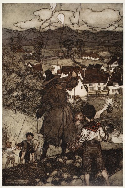 Insegnava loro a far volare gli aquiloni, da Rip Van Winkle di Washington Irving, pub. 1910 da Arthur Rackham