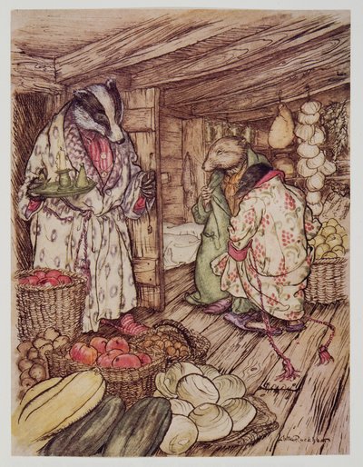 Le scorte invernali del Tasso, che infatti erano visibili ovunque, occupavano metà della stanza, da Il vento nei salici di Kenneth Grahame, pub. 1940 da Arthur Rackham