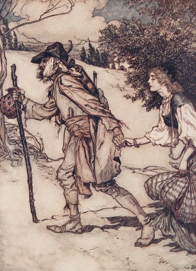 Il mendicante la prese per mano e la condusse via, da Le fiabe dei fratelli Grimm, pub. 1909 da Arthur Rackham