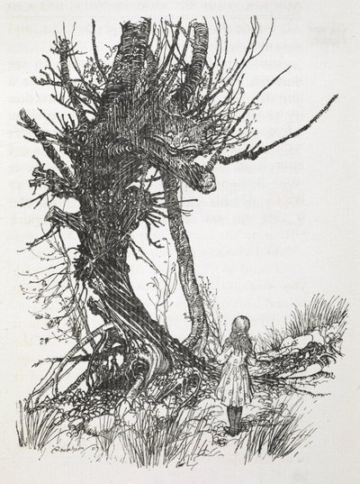 Il Gatto del Cheshire su un albero che guarda Alice da Arthur Rackham