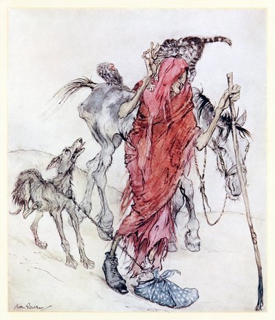 La Strega del Mulino era una strega ossuta e magra con piedi strani. da La frenesia di Mongan in Fiabe irlandesi da Arthur Rackham