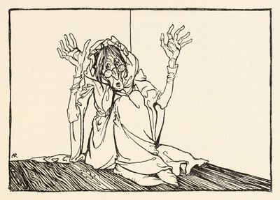 La Strega seduta contro il muro, da La frenesia di Morgan in Fiabe irlandesi da Arthur Rackham