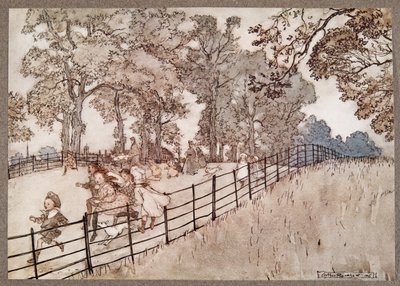 Il dosso che è la parte del Broad Walk dove si corrono tutte le grandi gare, da Peter Pan nei Giardini di Kensington di J M Barrie (1860 - 1937), pub. 1906 da Arthur Rackham