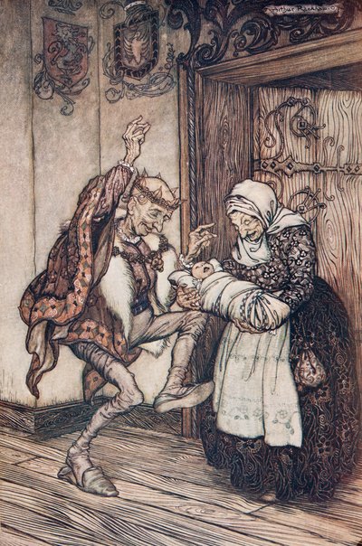 Il re non riusciva a contenere la sua gioia, da Le fiabe dei fratelli Grimm, pub. 1909 da Arthur Rackham