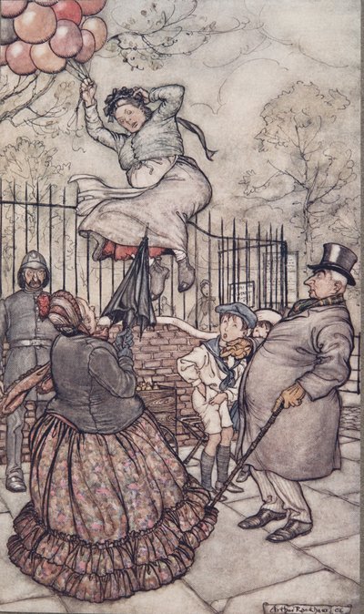 La signora con i palloncini, che siede appena fuori, da Peter Pan nei Giardini di Kensington di J M Barrie (1860 - 1937), pub. 1906 da Arthur Rackham