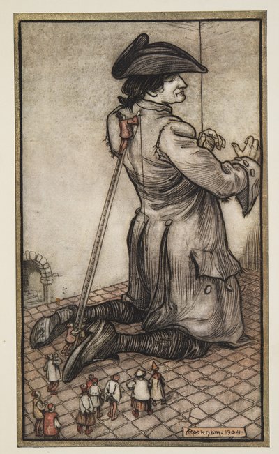 I sarti lillipuziani misurano Gulliver per un nuovo vestito, da I viaggi di Gulliver di Jonathan Swift da Arthur Rackham