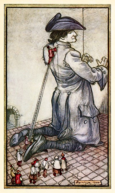 I sarti lillipuziani misurano Gulliver per un nuovo abito dalla Parte I: Un viaggio a Lilliput nei Viaggi di Gulliver di Jonathan Swift da Arthur Rackham