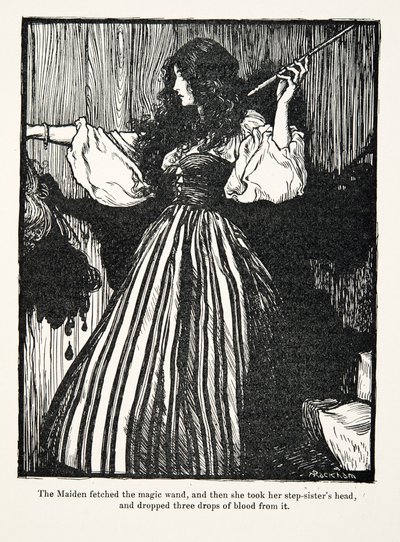 La fanciulla prese la bacchetta magica, poi prese la testa della sua sorellastra e fece cadere tre gocce di sangue, da Le fiabe dei fratelli Grimm, pub. 1909 da Arthur Rackham