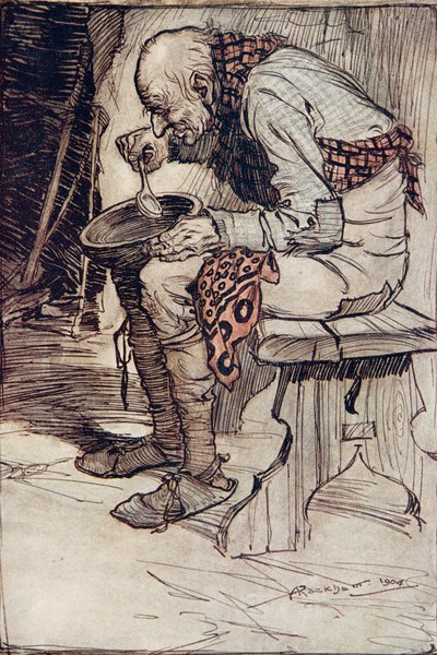 Il vecchio doveva sedersi da solo e mangiava il suo cibo da una ciotola di legno, da Le fiabe dei fratelli Grimm, pub. 1909 da Arthur Rackham