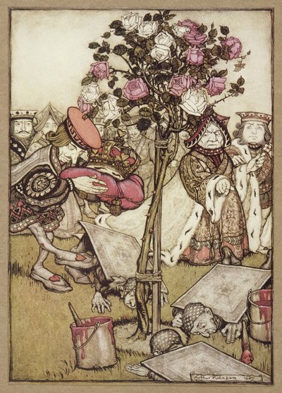 La Regina si voltò arrabbiata verso di lui e disse al Fante, "Girale", da Le avventure di Alice nel Paese delle Meraviglie, di Lewis Carroll, pub. 1907 da Arthur Rackham