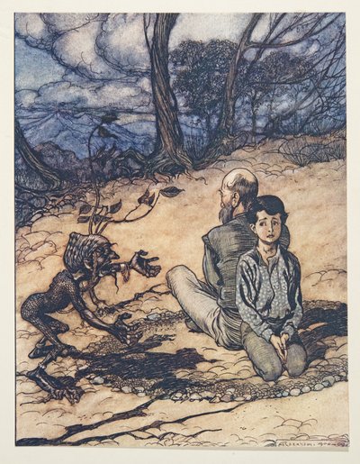 Il figlio fece un cerchio, e suo padre e lui presero posto al suo interno, e il piccolo uomo nero apparve, da Le fiabe dei fratelli Grimm, pub. 1909 da Arthur Rackham