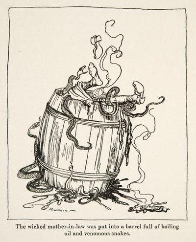 La cattiva suocera fu messa in una botte piena di olio bollente e serpenti velenosi, da Fratellino e Sorellina e altre fiabe dei Fratelli Grimm, pub.1917 da Arthur Rackham