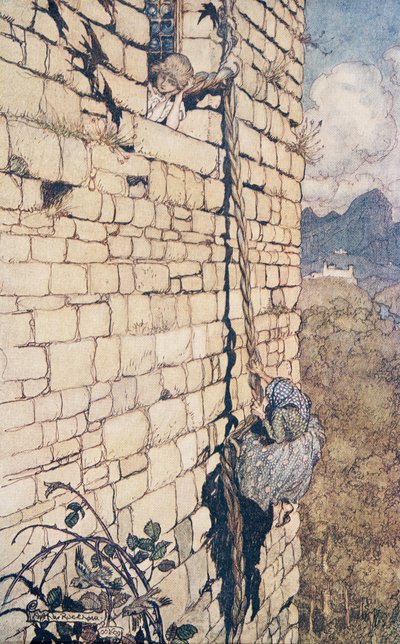 La strega salì, da Le fiabe dei fratelli Grimm, pub. 1909 da Arthur Rackham