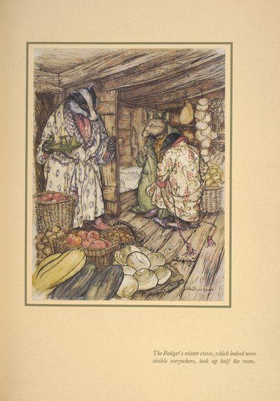 Le scorte invernali del tasso, che infatti erano visibili ovunque, occupavano metà della stanza da Arthur Rackham