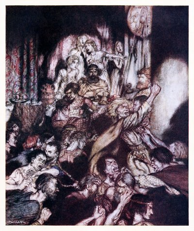 La sala del banchetto era in tumulto. da La piccola rissa in Fiabe irlandesi da Arthur Rackham