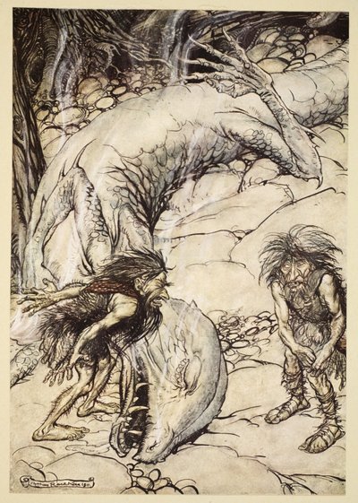 I nani che litigano sul corpo di Fafner, illustrazione da 