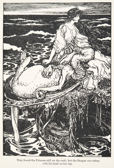 Trovarono la principessa ancora sulla roccia, ma il drago dormiva con la testa sul suo grembo, da Le fiabe dei fratelli Grimm, pub. 1909 da Arthur Rackham