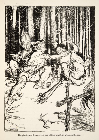 Il gigante diede uno schiaffo a chi gli stava accanto, da Fratellino e Sorellina e altre fiabe dei Fratelli Grimm, pub.1917 (litografia) da Arthur Rackham