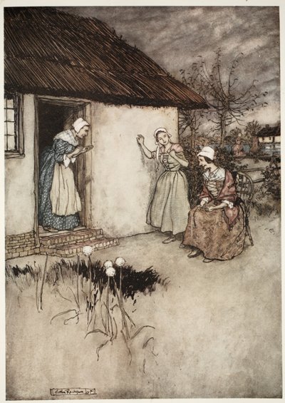 Le brave mogli del villaggio non mancavano mai, nelle loro chiacchiere serali, di dare tutta la colpa a Dame Van Winkle, da Rip Van Winkle di Washington Irving, pub. 1910 da Arthur Rackham