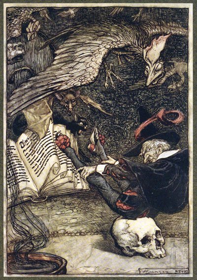 Il piccolo uomo si era seduto al centro del cerchio sul grande teschio, da Le leggende di Ingoldsby, pub. 1907 da Arthur Rackham