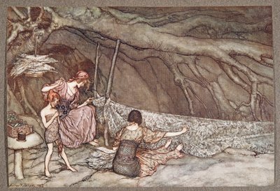 Le piccole persone tessono le loro tende estive con foglie scheletriche .., da Peter Pan nei Giardini di Kensington di J M Barrie (1860 - 1937), pub. 1906 da Arthur Rackham