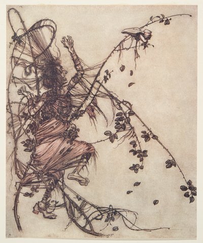 Più velocemente suonava, più in alto doveva saltare, da Le fiabe dei fratelli Grimm, pub. 1909 da Arthur Rackham
