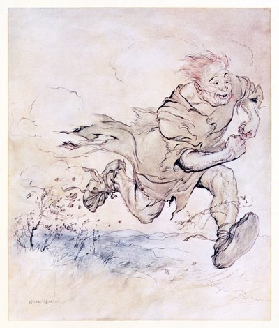 Il rumore dei suoi grandi stivali divenne continuo come il ticchettio della grandine su un tetto, e il vento del suo passaggio abbatté gli alberi. da Il Carl del Cappotto Grigio in Fiabe irlandesi da Arthur Rackham