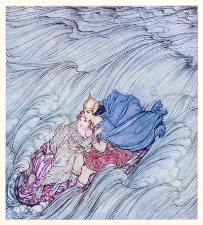 Le onde di tutti i mondi sembravano turbinare intorno a loro in un enorme tappeto verde da Becuma dalla Pelle Bianca in Fiabe irlandesi da Arthur Rackham
