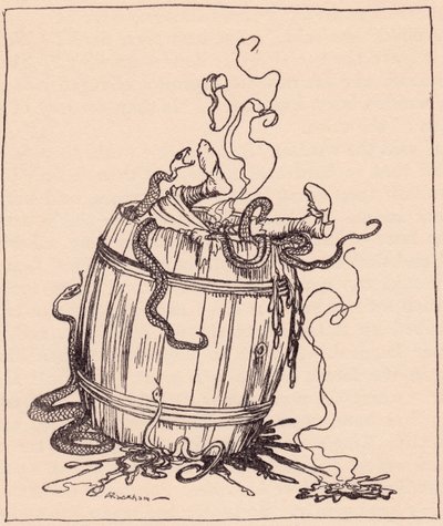 La malvagia suocera fu messa in una botte piena di olio bollente e serpenti velenosi. Illustrazione di Arthur Rackham dalla fiaba dei Grimm, I Dodici Fratelli, pubblicata alla fine del XIX secolo. da Arthur Rackham