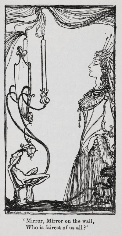 La regina malvagia che si guarda allo specchio da Biancaneve da Arthur Rackham