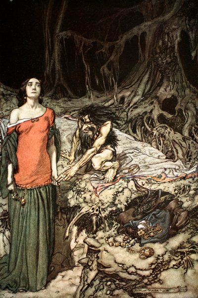Il corteggiamento di Grimhilde, la madre di Hagen da Arthur Rackham