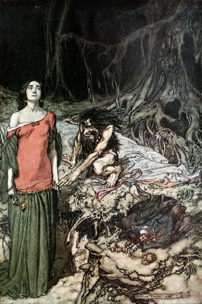 Il corteggiamento di Grimhilde, la madre di Hagen. Illustrazione per Siegfried e Il crepuscolo degli dei da Arthur Rackham
