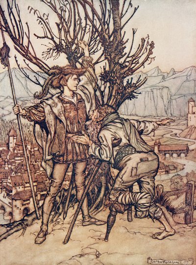Il giovane principe disse Non ho paura; sono determinato a guardare la bella Rosaspina, da Le fiabe dei fratelli Grimm, pub. 1909 da Arthur Rackham
