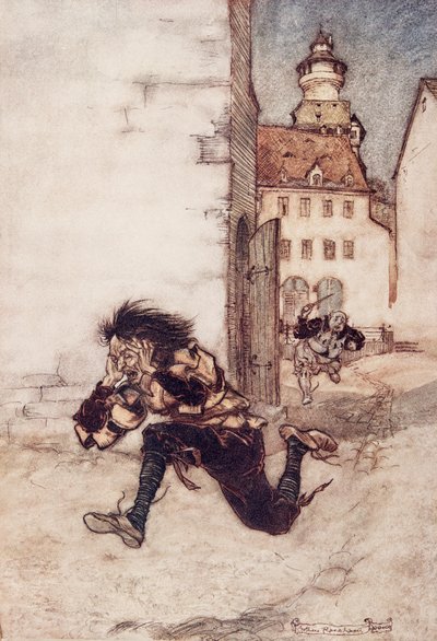 Poi corse dietro a lui, tenendo ancora il coltello da intaglio, e gridò Solo uno, solo uno! da Le fiabe dei fratelli Grimm, pub. 1909 da Arthur Rackham