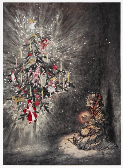 Lì era seduta sotto il bellissimo albero di Natale. Una giovane ragazza guarda l