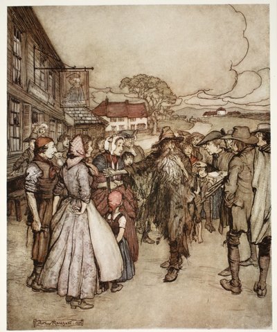 Lo circondarono, osservandolo dalla testa ai piedi con grande curiosità, da Rip Van Winkle di Washington Irving, pub. 1910 da Arthur Rackham