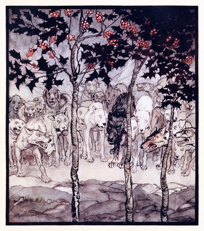 Stavano fuori, pieni di ferocia e terrore. da La grotta incantata di Cesh Corran in Fiabe irlandesi da Arthur Rackham