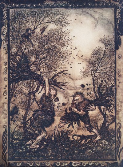 Si arrabbiarono così tanto che sradicarono alberi e si colpirono a vicenda finché non caddero entrambi morti, da Le fiabe dei fratelli Grimm, pub. 1909 da Arthur Rackham